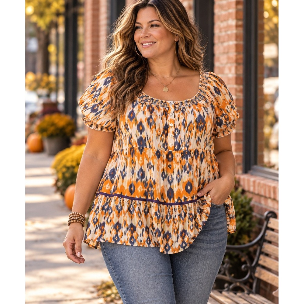Faded Glory woman's XL 16-18 Boho Peasant Blouse Ikat Print Rayon Top